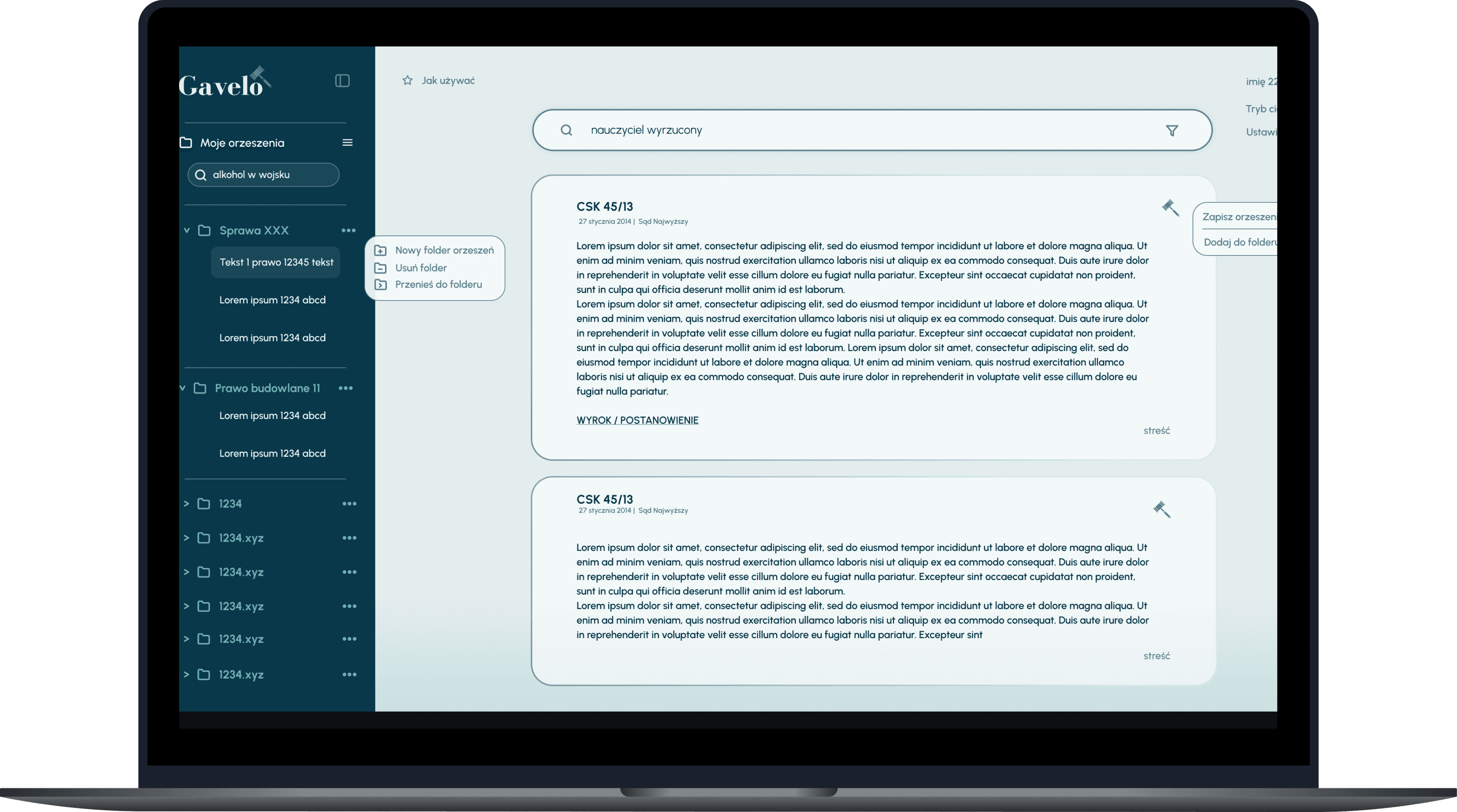 Interfejs aplikacji Gavelo – inteligentna wyszukiwarka orzeczeń