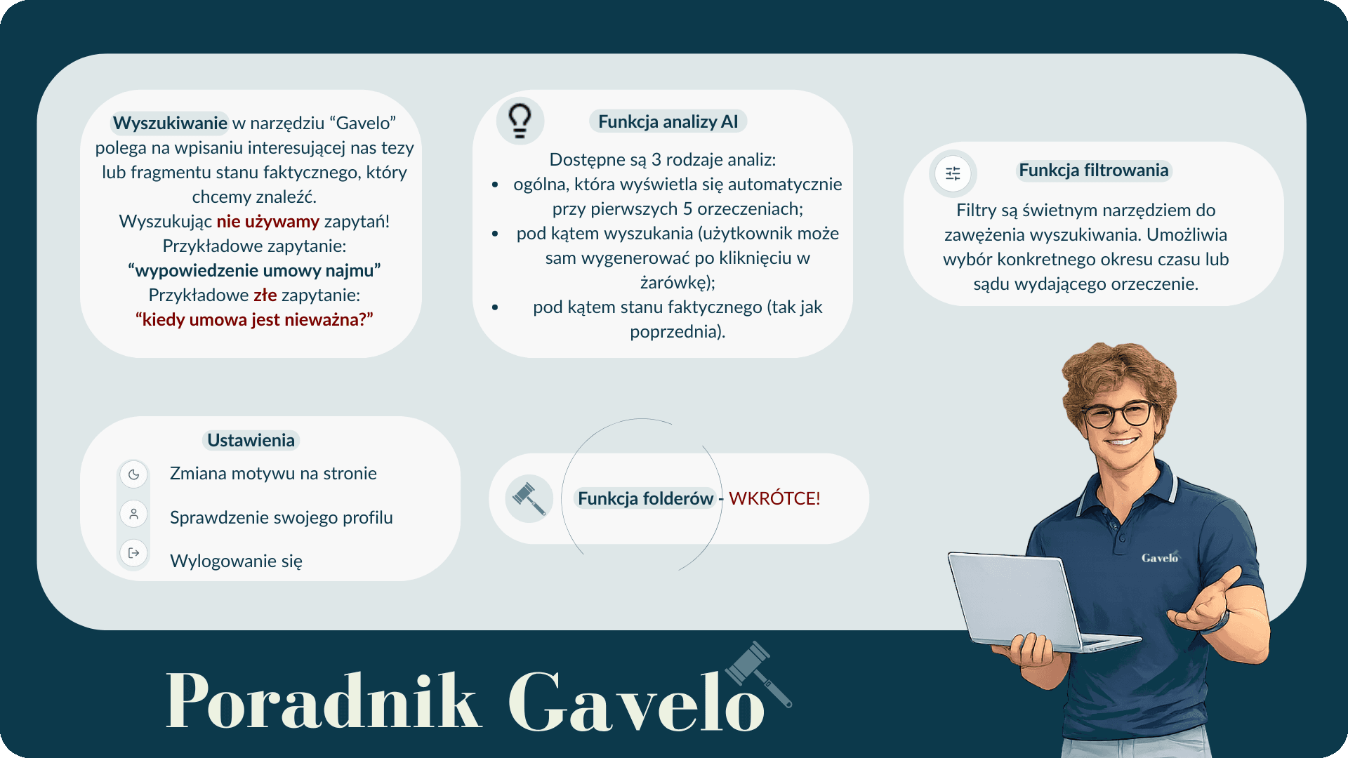 Interfejs aplikacji Gavelo z widocznym przewodnikiem