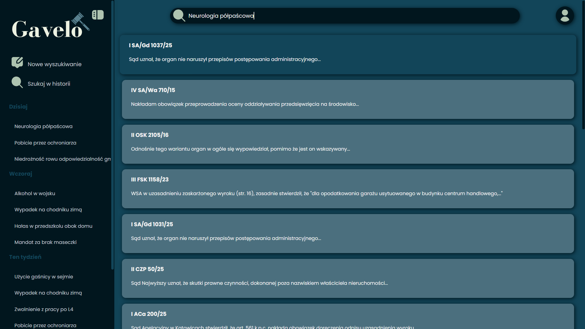 Interfejs aplikacji Gavelo